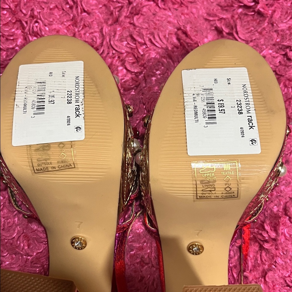 Nordstrom AZALEA WANG - Red Jeweled Platform Sandals w/ Crystal Accents, (SZ.7) - Picture 10 of 12